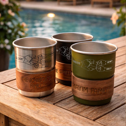 Custom campfire mugs and engraved travel cups, featuring a personalized fist bump design for soon to be dads.