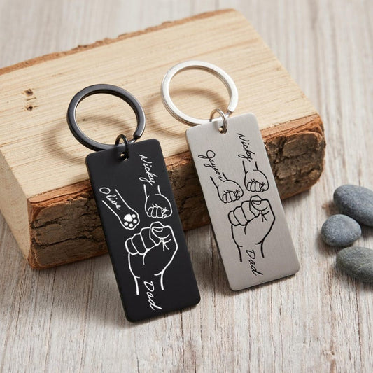 Personalized fist bump metal keychain, a unique custom dad keychain and engraved Father's Day gift.