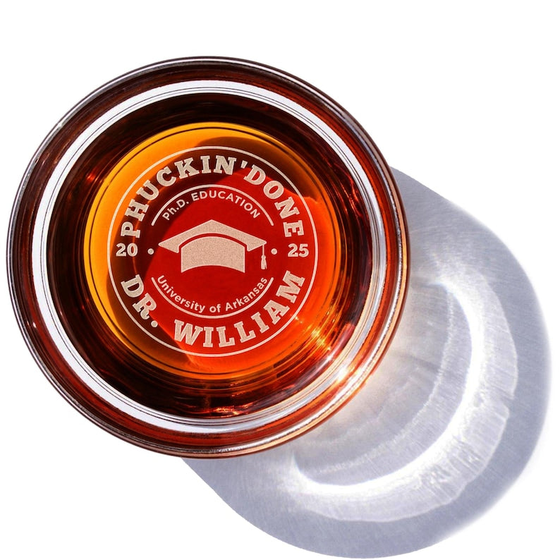 High-quality engraved whiskey glass for PhD graduates, serving as a premium personalized graduation keepsake.