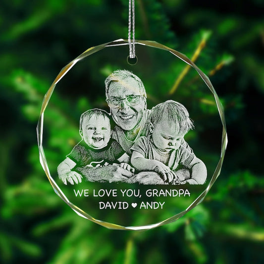 Personalized Glass Ornament with Engraved Photo designed as a meaningful family ornament