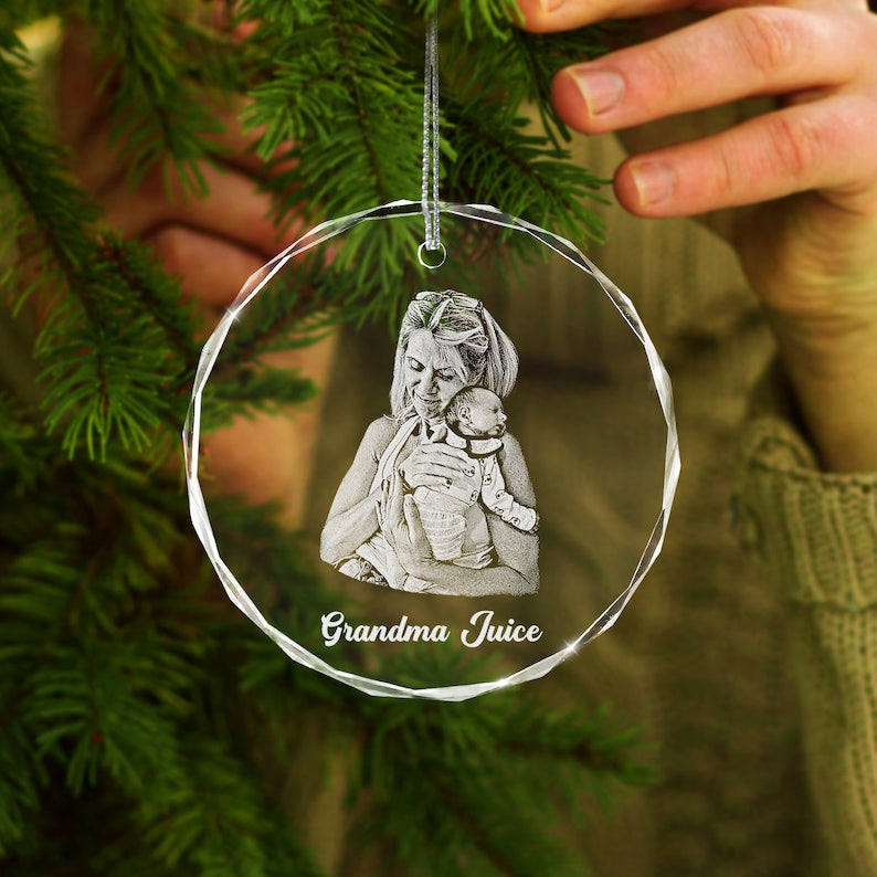 Personalized Glass Ornament with Engraved Photo showcased as unique christmas gifts for parents