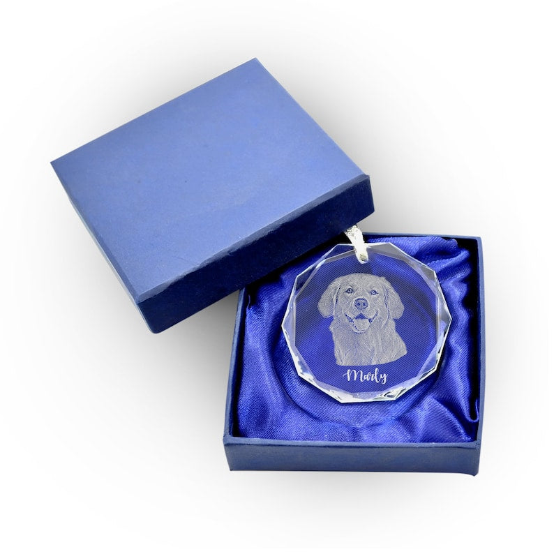 Custom Personalized Glass Ornament with Engraved Photo created as timeless family ornament keepsake