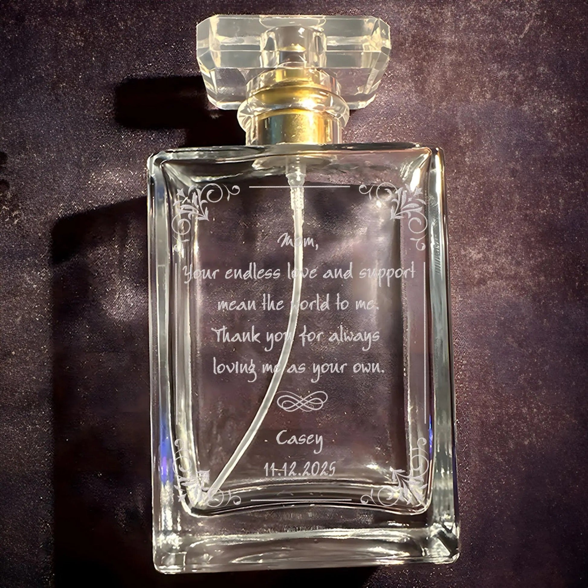 Meaningful Personalized Glass Perfume Bottle for Mom created as lasting wedding gift for mom and family keepsake  
