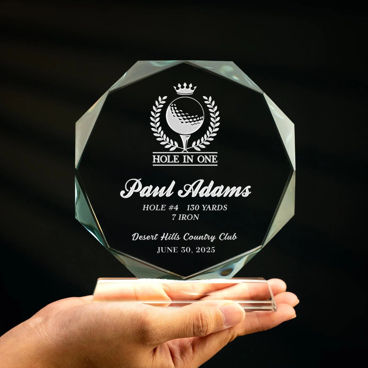 Hole in one plaque created with crystal award to celebrate a golf milestone  