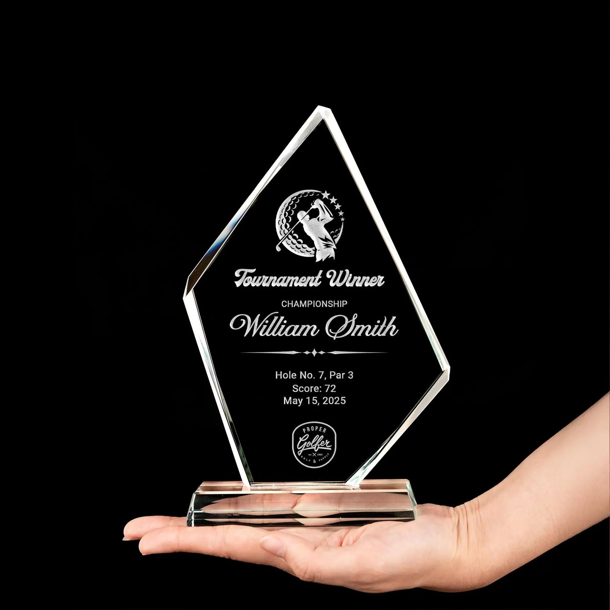 Custom engraved Personalized Golf Tournament Crystal Award perfect for golf trophies and hole in one plaque recognition  