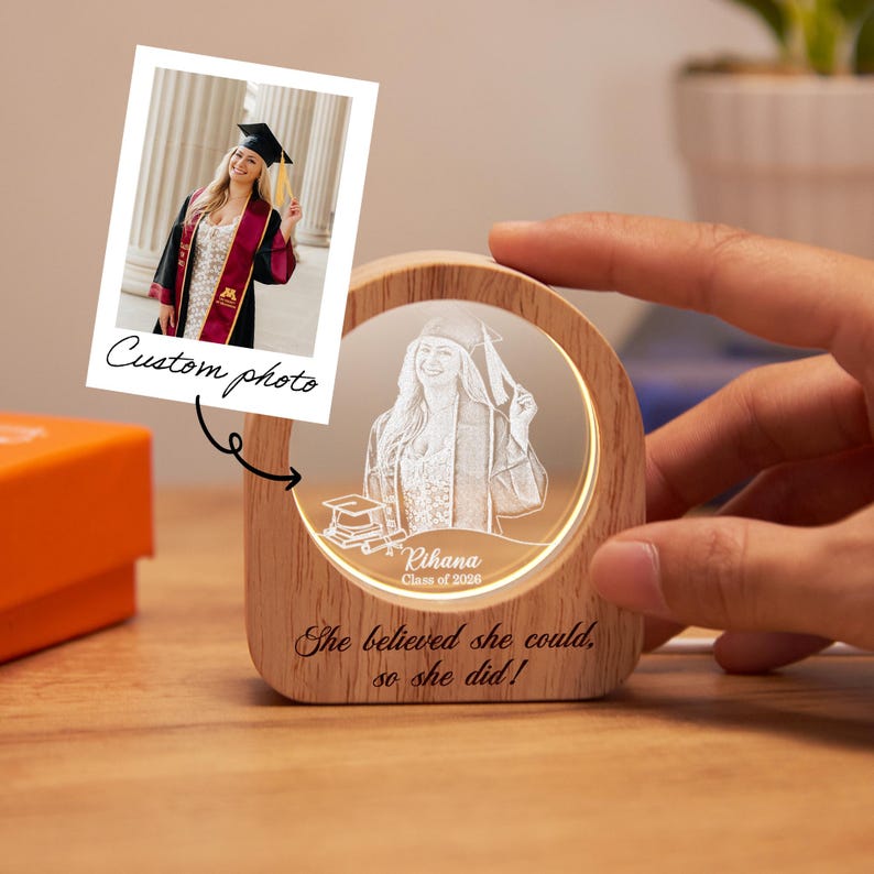 Personalized Graduation Photo Crystal Night Light for Class of 2026, a high-quality and unique gift.