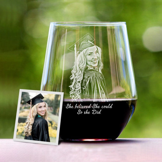 Personalized Graduation Photo Wine Glass for the Class of 2026, a unique and sentimental college graduation gift.