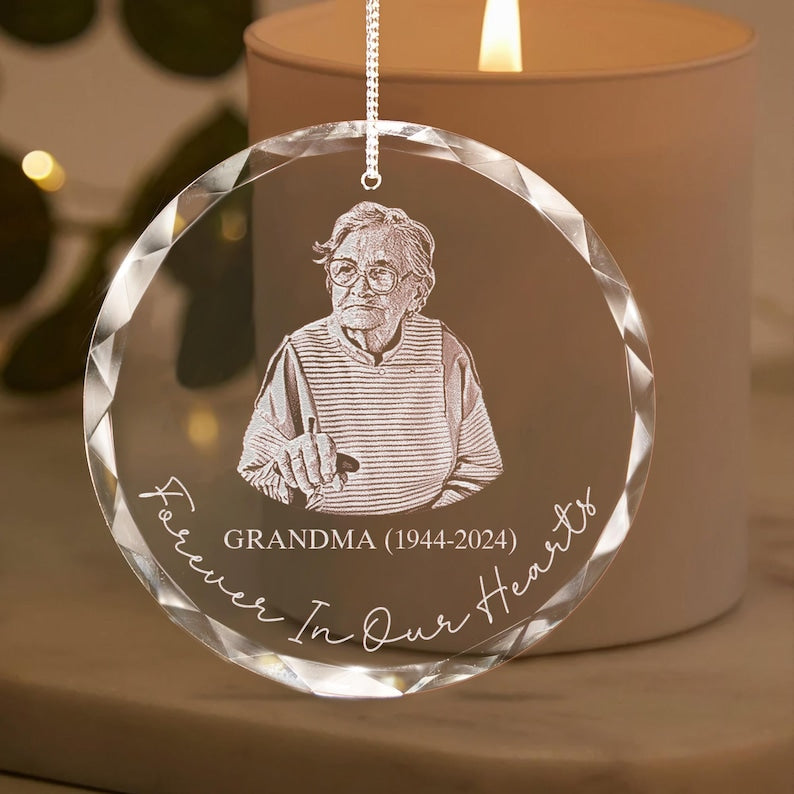 A thoughtful grandma remembrance gift, this Personalized Memorial Ornament features a custom photo inside a crystal ornament.
