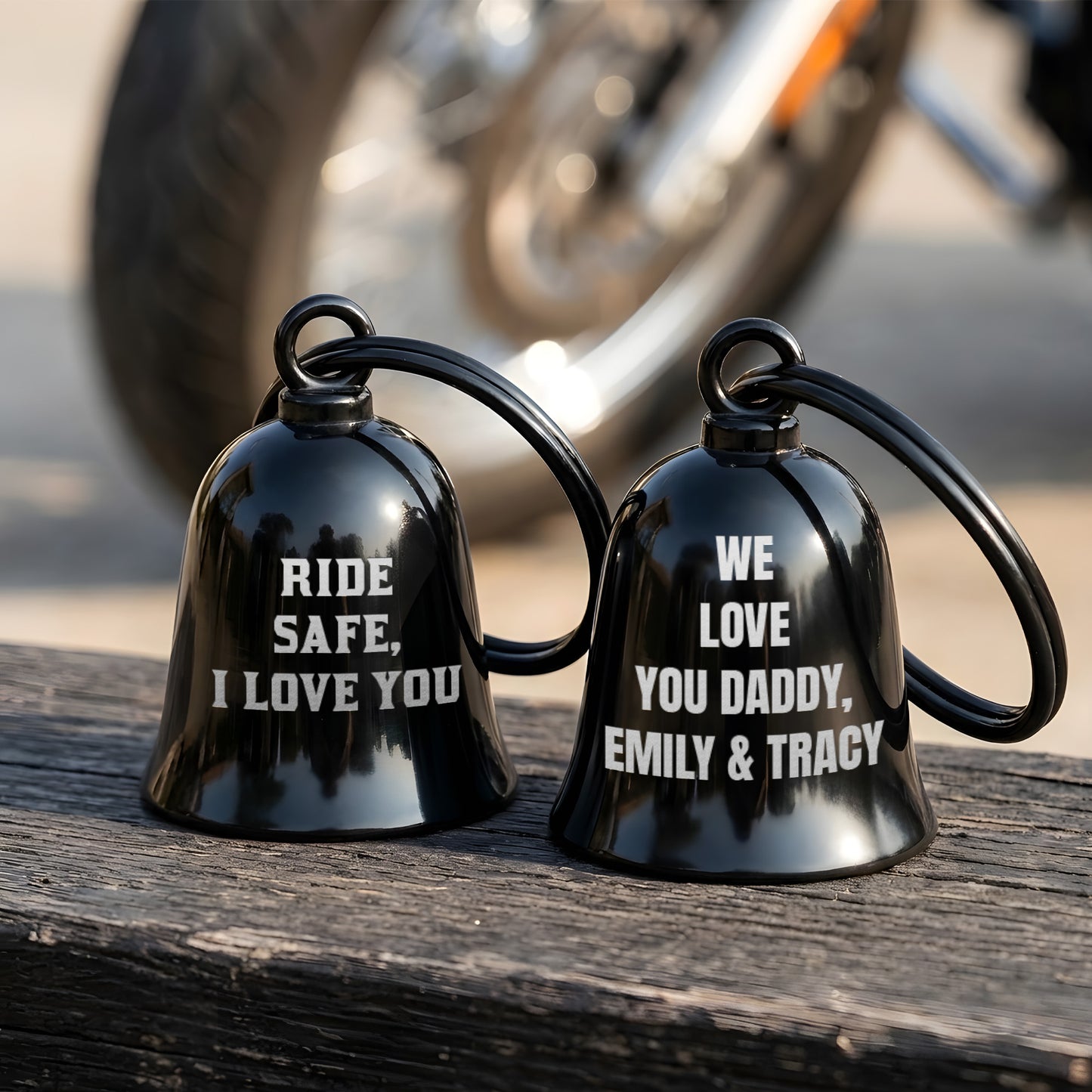 Personalized guardian bell for motorcycles, a custom engraved gremlin bell for dad.
