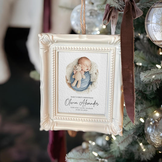 A Personalized Hand-Painted Baby Portrait Frame Ornament, a beautiful custom hand painted Christmas ornament and photo frame ornament.