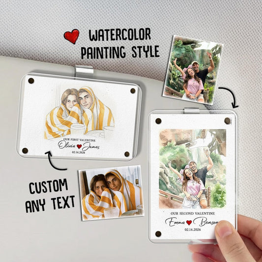 Personalized Hand-Painted Couple Photo Car Visor Clip, a unique car visor picture frame and perfect personalized car visor clip.