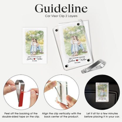 A close-up of a personalized car visor clip featuring a hand-painted photo for unique rear view mirror decor.