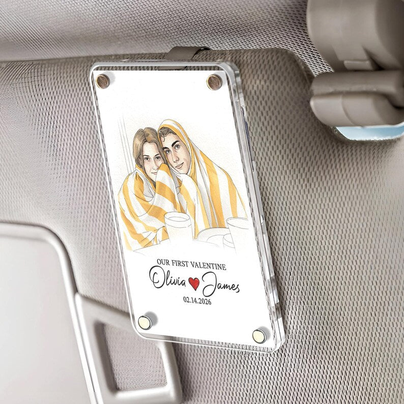 An elegant custom watercolor portrait, the Personalized Hand-Painted Couple Photo Car Visor Clip is a unique car accessory gift.