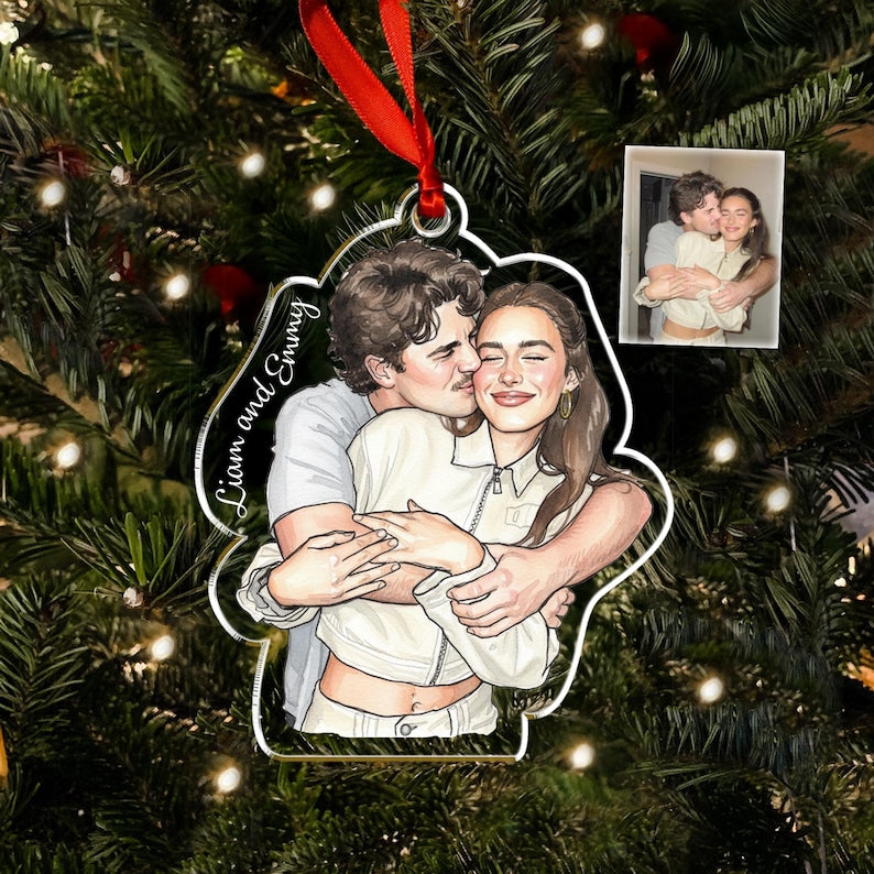 A Personalized Hand-Painted Engagement Photo Ornament, a unique custom hand painted Christmas ornament and perfect engagement ornament.