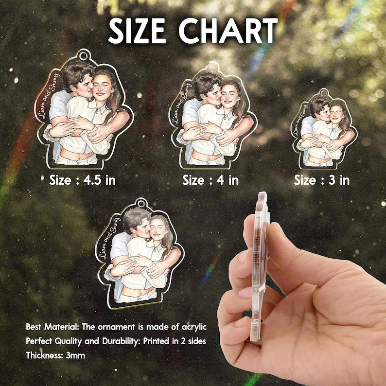 A close-up of a hand-painted engagement ornament, the Personalized Hand-Painted Photo Ornament features a beautiful watercolor Christmas ornament style.