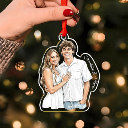 A custom hand painted Christmas ornament and couple ornament, the Personalized Hand-Painted Engagement Photo Ornament is a thoughtful personalized gift.