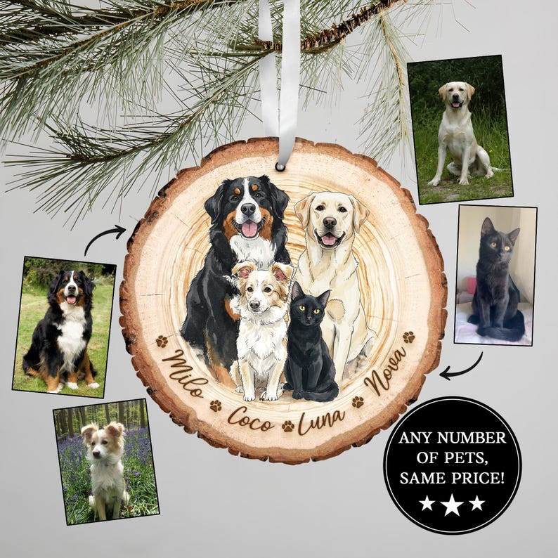 The perfect Family Portrait with Pet Christmas Keepsake, this Hand-Painted Pet Portrait From Photos Ornament is a unique custom photo ornament.