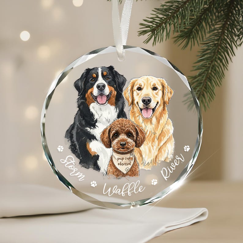 A beautiful Family Portrait with Pet Christmas Keepsake, this Hand-Painted Pet Portrait From Photos Ornament is a custom hand painted ornament.