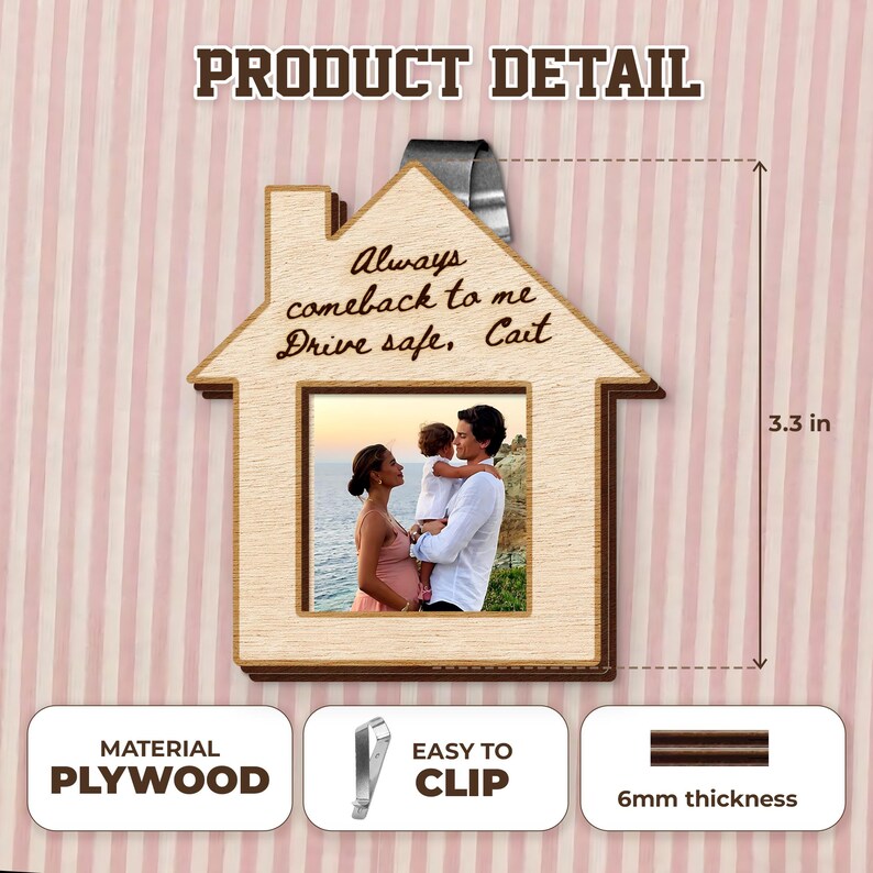 The perfect car visor photo holder, this Personalized Wooden Car Visor Clip is a thoughtful rear view mirror accessory.