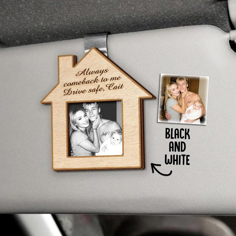 This car visor picture frame, a Personalized Hand-Painted Photo Wooden Car Visor Clip, serves as a beautiful car visor photo clip.