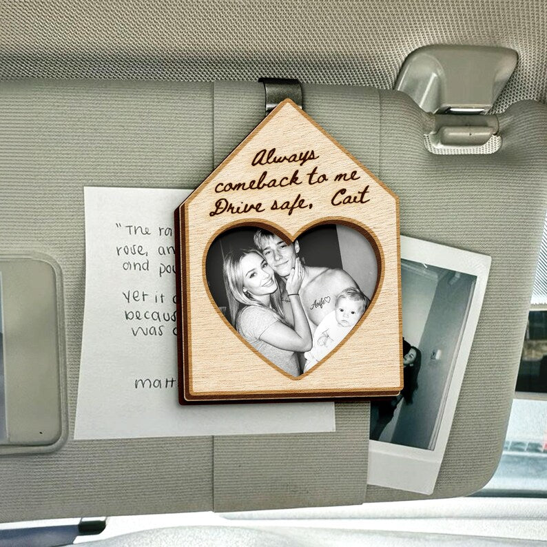 An elegant custom watercolor portrait, the Personalized Hand-Painted Wooden Visor Clip is a unique sun visor picture frame.
