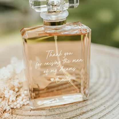 Timeless Personalized Handwriting Glass Perfume Bottle for Mom presented as thoughtful mother of the bride gifts and wedding day keepsake  