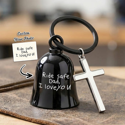 Personalized handwriting guardian bell keyring, a unique engraved keychain and gift for a motorcycle dad.