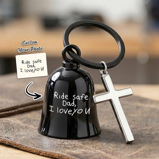 Personalized handwriting guardian bell keyring, a unique engraved keychain and gift for a motorcycle dad.