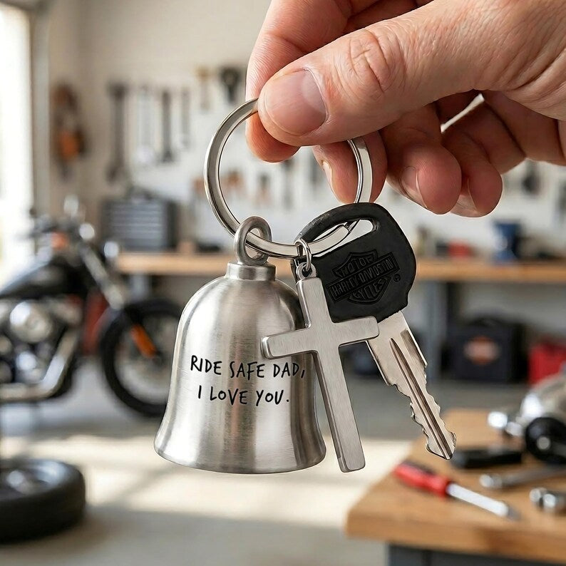 Custom handwriting keychain with a dad guardian bell design, the perfect engraved Father's Day gift.