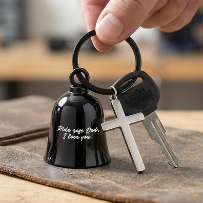 Drive safe dad keychain featuring a handwriting engraved keyring, a meaningful dad gremlin bell from kids.