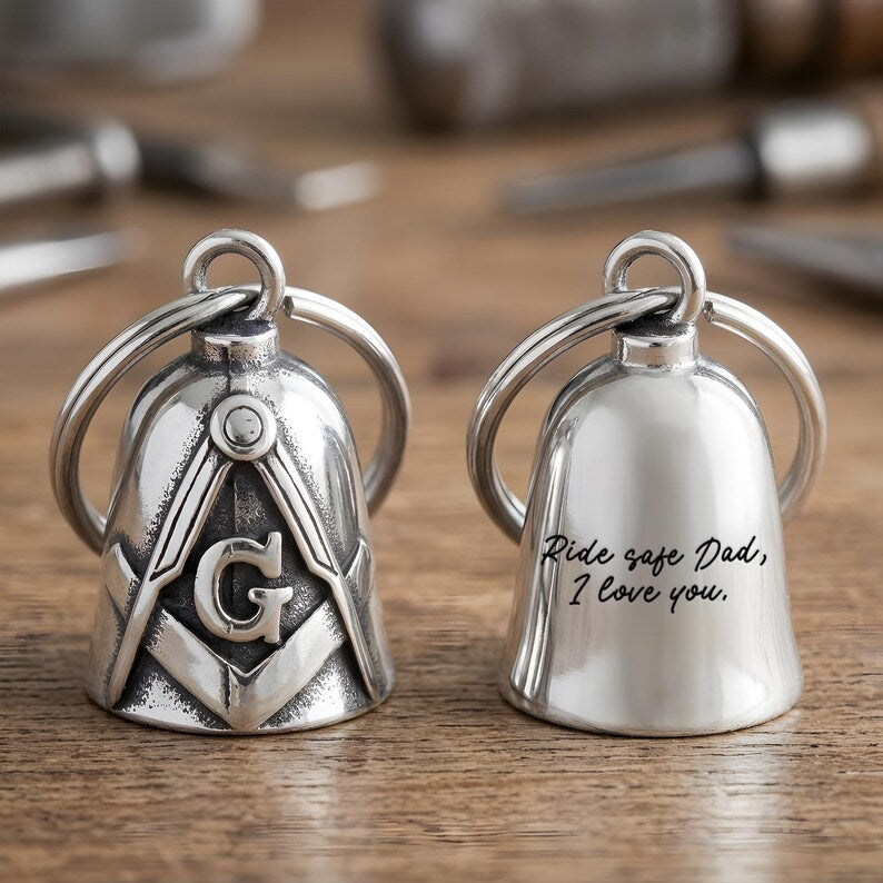 Custom engraved motorcycle guardian bell featuring a masonic guardian bell symbol and handwriting engraving.