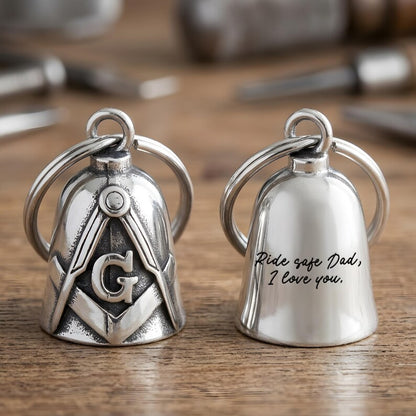Custom engraved motorcycle guardian bell featuring a masonic guardian bell symbol and handwriting engraving.