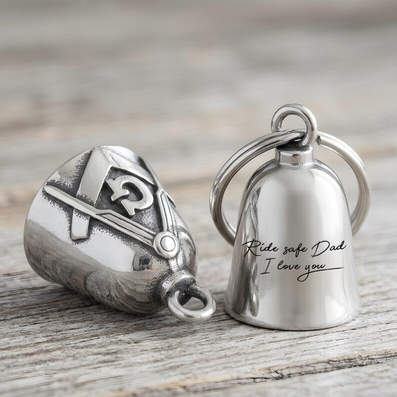 Custom motorcycle bells and personalized motorcycle gifts, serving as a protective gift for a motorcycle dad.