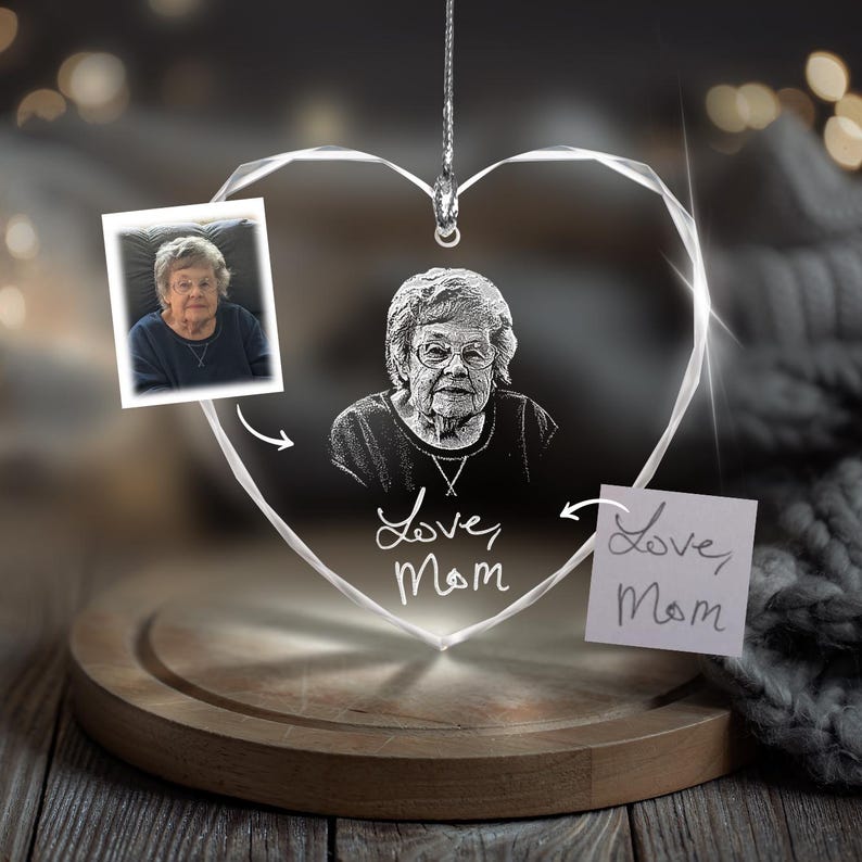 An engraved Christmas ornament, the Personalized Handwriting Memorial Heart Glass Ornament is a beautiful remembrance gift.