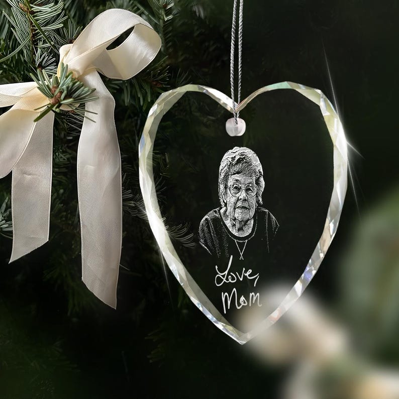 Close-up of a handwriting ornament, this Personalized Memorial Heart Glass Ornament is a unique sympathy gift and keepsake.