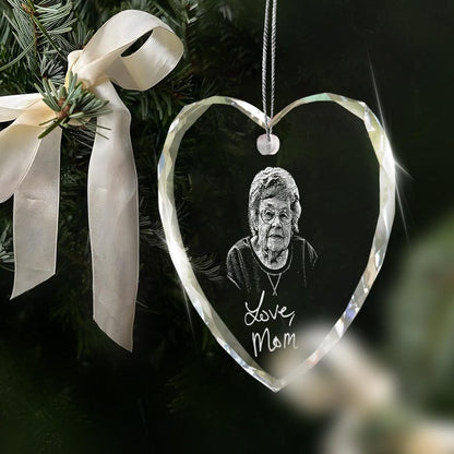 Close-up of a handwriting ornament, this Personalized Memorial Heart Glass Ornament is a unique sympathy gift and keepsake.