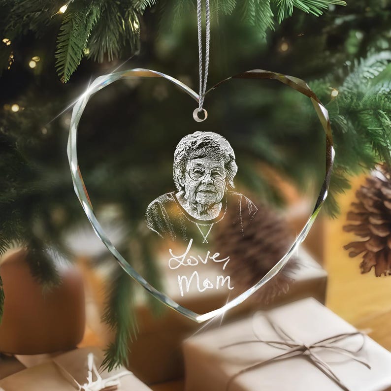 The ideal remembrance gifts for loss of mother, this Personalized Handwriting Memorial Heart Glass Ornament is a custom glass heart ornament.