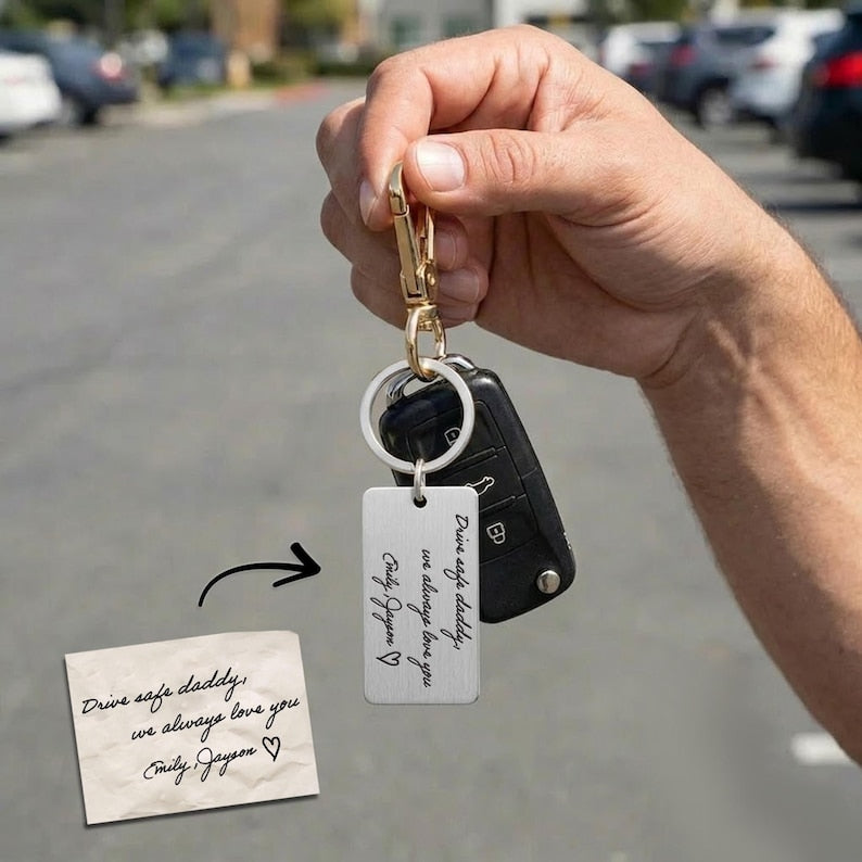 Personalized handwriting metal keychain, a unique custom dad keychain and engraved Father's Day gift.