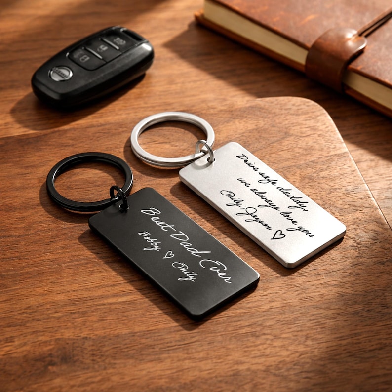 Custom metal keychains featuring an engraved handwriting keychain, the perfect gift for dad from kids.