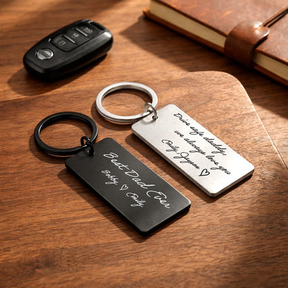 Custom metal keychains featuring an engraved handwriting keychain, the perfect gift for dad from kids.