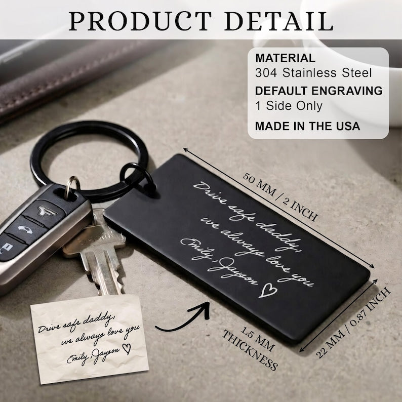 Engraved keychains for him with actual handwriting, an ideal custom dad keychain for Father's Day 2026.