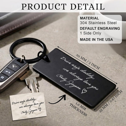 Engraved keychains for him with actual handwriting, an ideal custom dad keychain for Father's Day 2026.