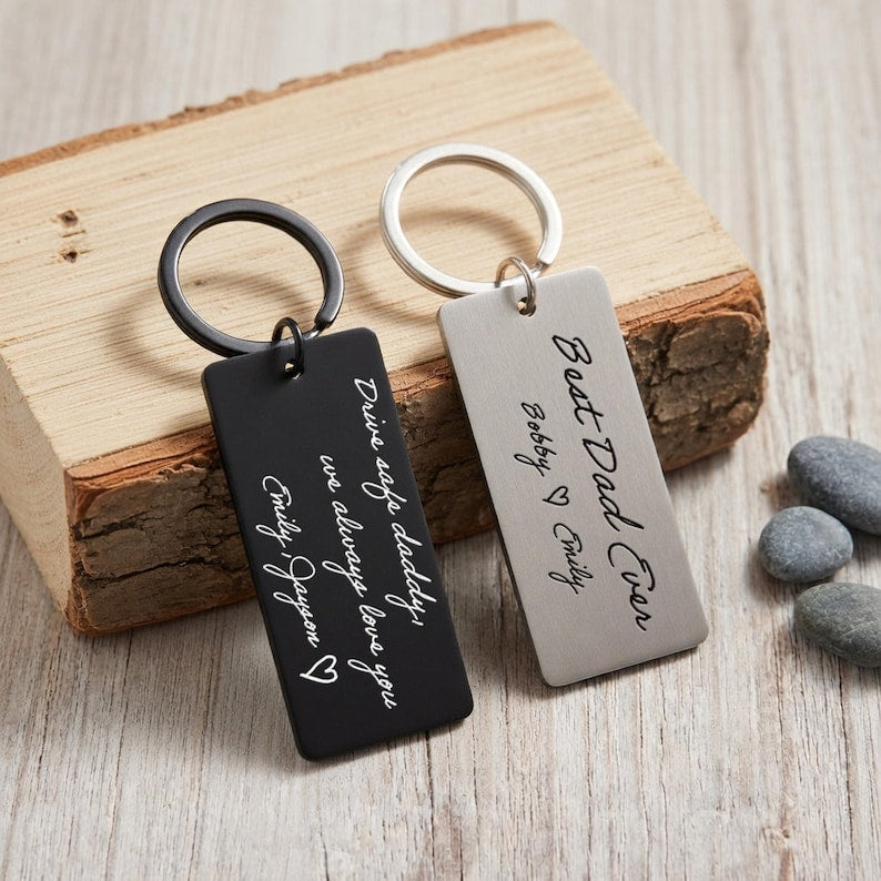 Laser engraved keychain and custom keychains for Father's Day, featuring a personalized handwriting keychain from family.