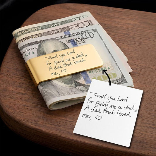 Personalized handwriting money clip, a unique custom money clip and engraved Father's Day gift for dad.