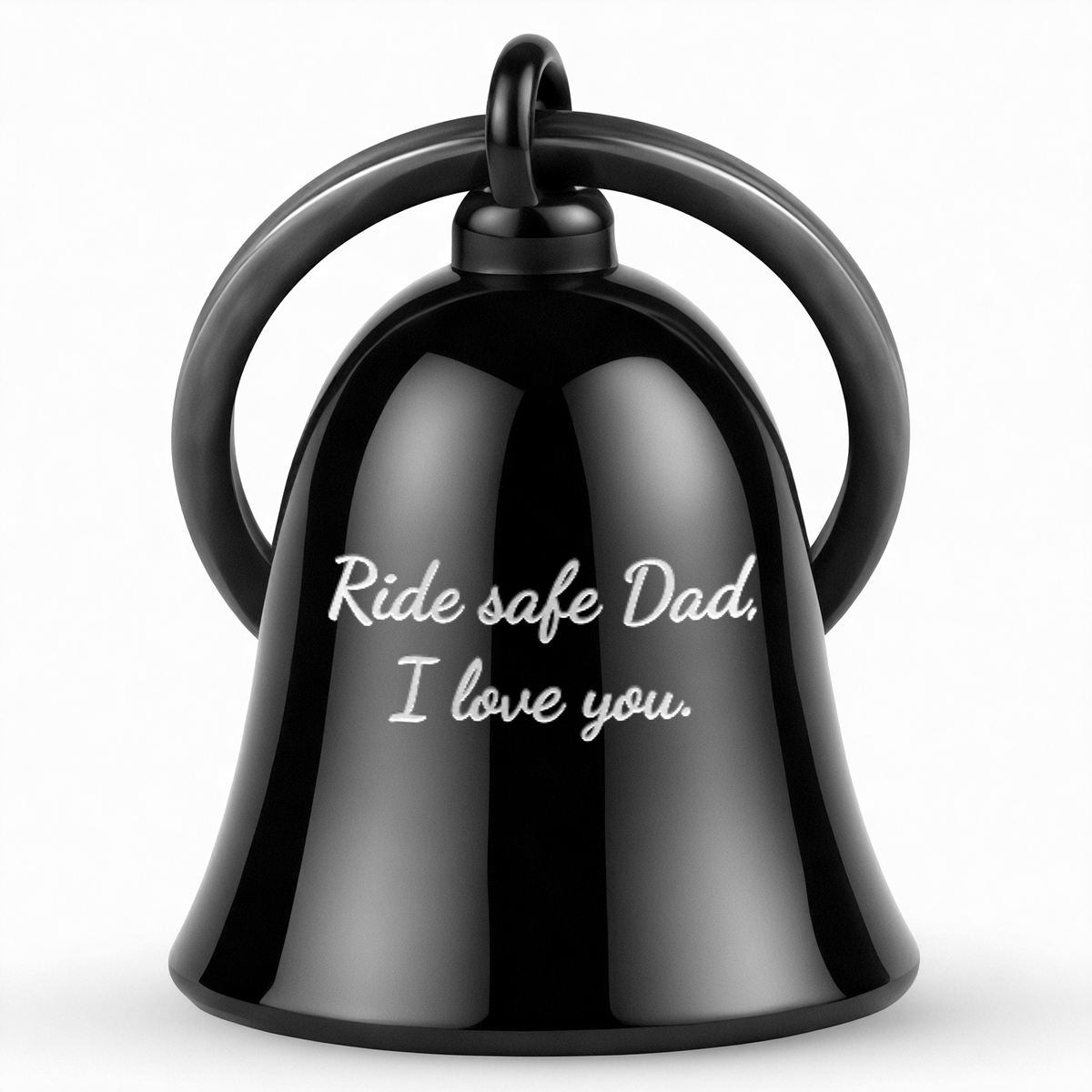 Engraved handwriting gifts for biker dads, a personalized gremlin bell for safety.