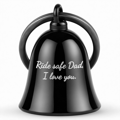 Engraved handwriting gifts for biker dads, a personalized gremlin bell for safety.