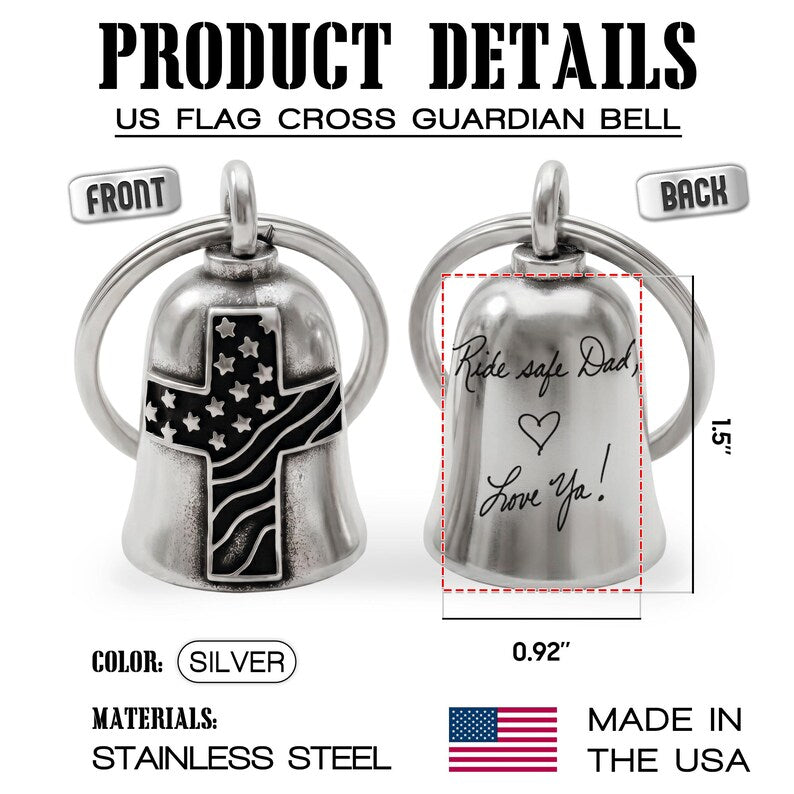 Dad guardian bell with custom engraved handwriting gifts, making an ideal gift for a motorcycle dad.