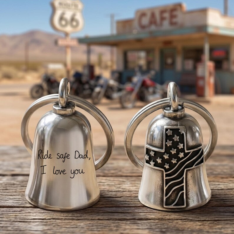 Personalized handwriting USA flag cross guardian bell, a unique custom guardian bell and engraved gift for dad.