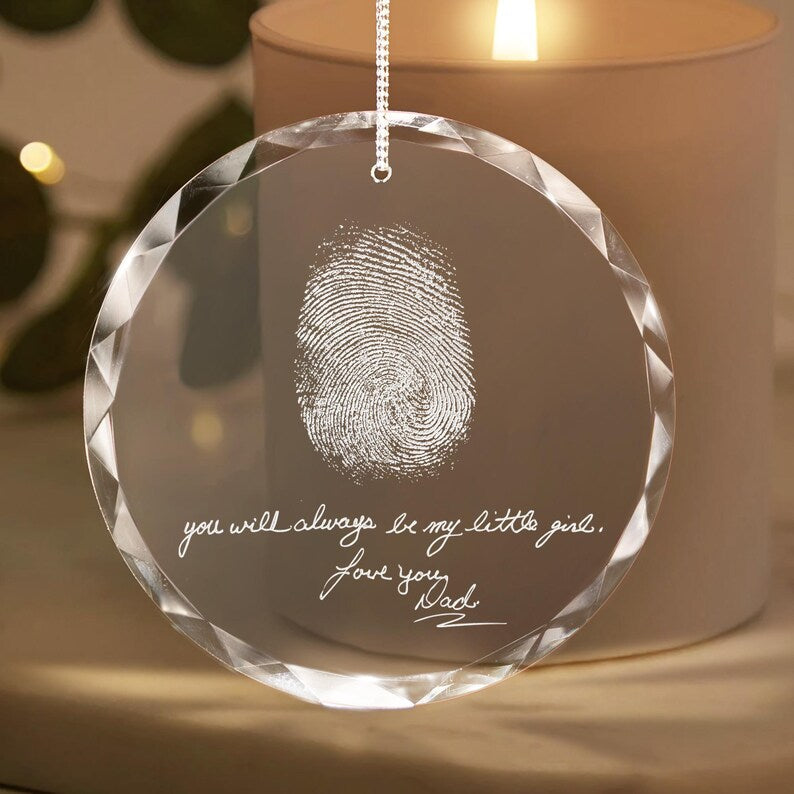 A custom memorial fingerprint ornament, this Personalized Teardrop Glass Ornament is a thoughtful sympathy gift for loss of father.