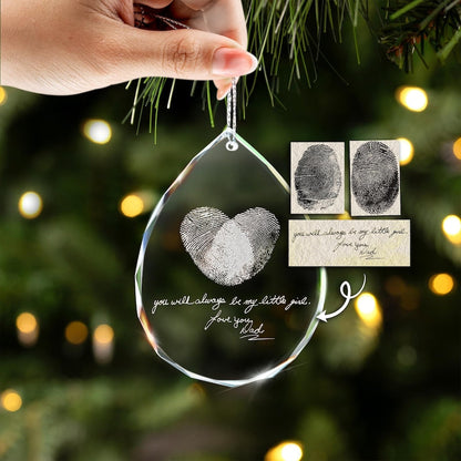 A Personalized Handwritten & Fingerprint Memorial Teardrop Glass Ornament, a touching sympathy gift for the loss of a parent.
